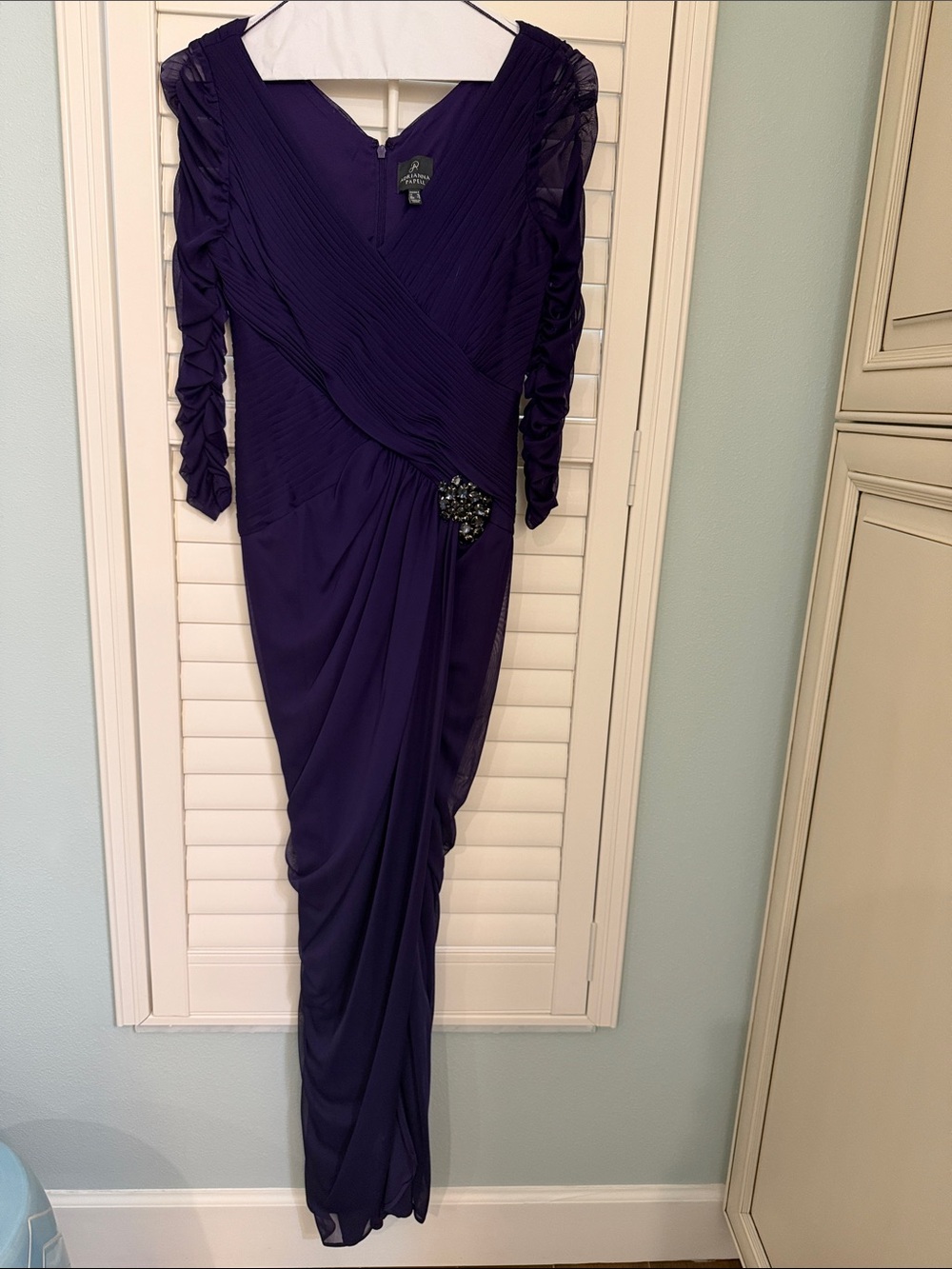 Adrianna Papell Deep Purple Long Sleeve Ruched Evening Gown with Jeweled Accent